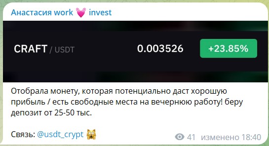 Раскрутка. Отзывы о канале Анастасия work | invest в телеграме