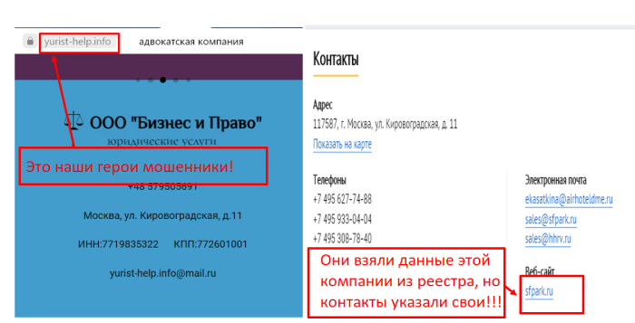 ООО “Бизнес и Право” (yurist-help.info) используют данные реальной компании, чтобы обманывать!