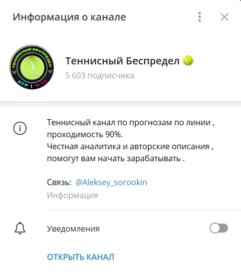 Алексей Сорокин. Отзывы о канале Теннисный беспредел в телеграме